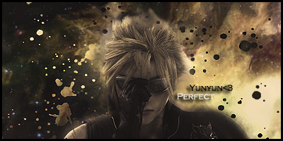 Cloud Strife signature art with cosmic background