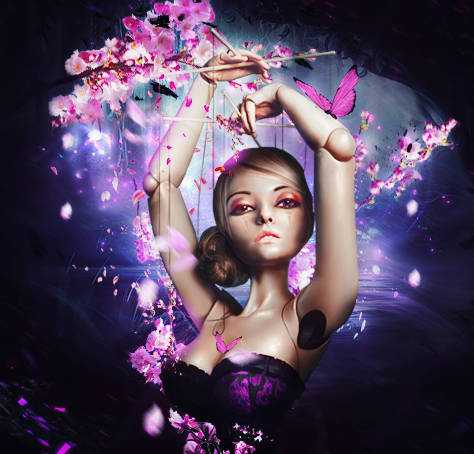 Mystical woman with cherry blossoms and butterflies digital art