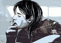 Stylized sketch art of a woman smoking, classic forum sig