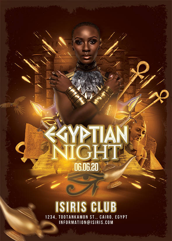 Egyptian-themed party flyer with golden goddess imagery