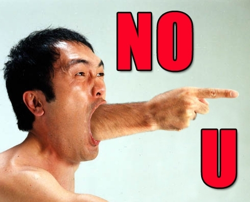 Classic 'NO U' meme with exaggerated finger-pointing face