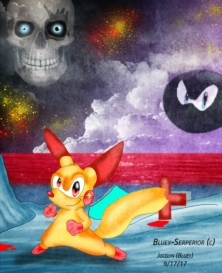 Eevee-like character art amid a spooky watercolor sky