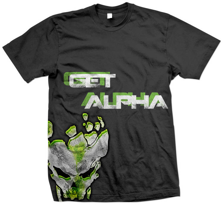 Cracked skeleton hand tee design, 'Got Alpha' gamer style