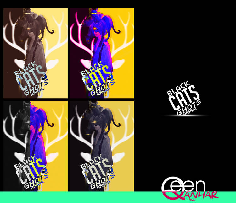 Black cat with antlers, four color variations, striking GFX art