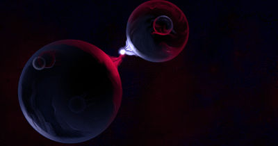 Two glowing planets connected by a beam of light