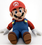 Classic Mario plush sitting cross-legged, wide-eyed nostalgia