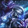 Futuristic armored warrior in glowing blue digital battlefield art