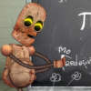 Quirky chibi character doodle with a chalkboard equation