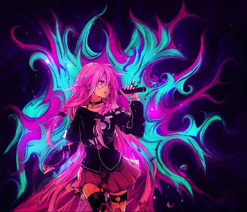 Vivid pink-haired singer amid swirling neon flame art
