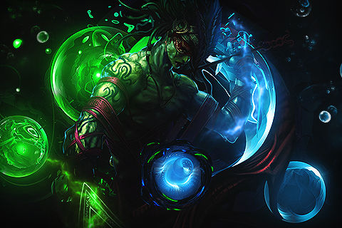 Glowing green warrior GFX art with mystical orbs