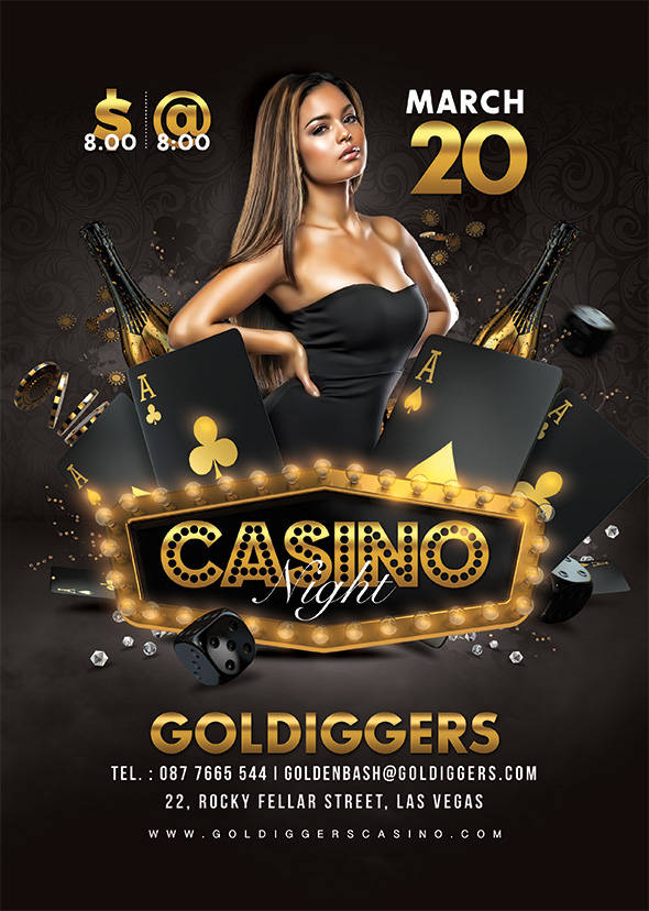 Glamorous casino night flyer with cards and champagne
