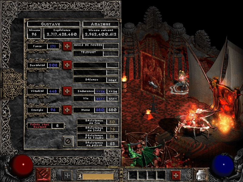 Diablo II character stats screen, level 96 Amazon
