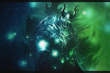 Dark fantasy demon GFX glowing in mystical blue-green light