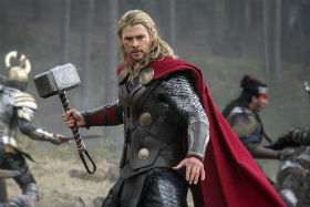 Thor wielding his hammer on the battlefield