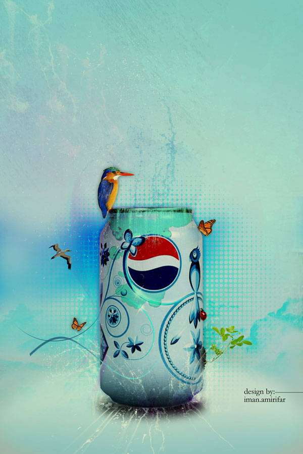Kingfisher and butterflies perched on a Pepsi can artwork