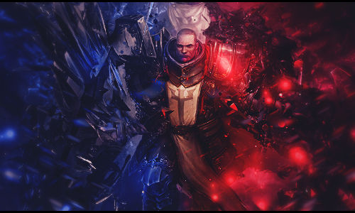 Warrior split between icy blue and fiery red realms