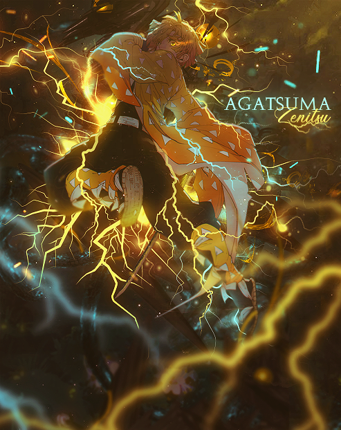 Electrifying anime GFX art of Zenitsu crackling with lightning