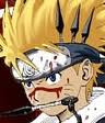 Blonde anime hero avatar, gritted teeth and battle scars