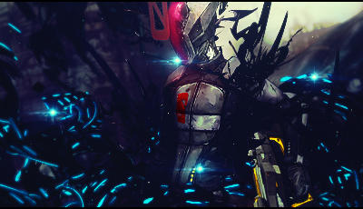 Armored warrior emerges from electric blue particle storm