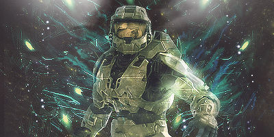 Master Chief signature art with glowing green energy background