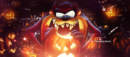 Taz glowing among Halloween pumpkins in classic forum GFX style