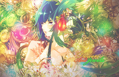 Anime girl amid glowing flowers and jewels