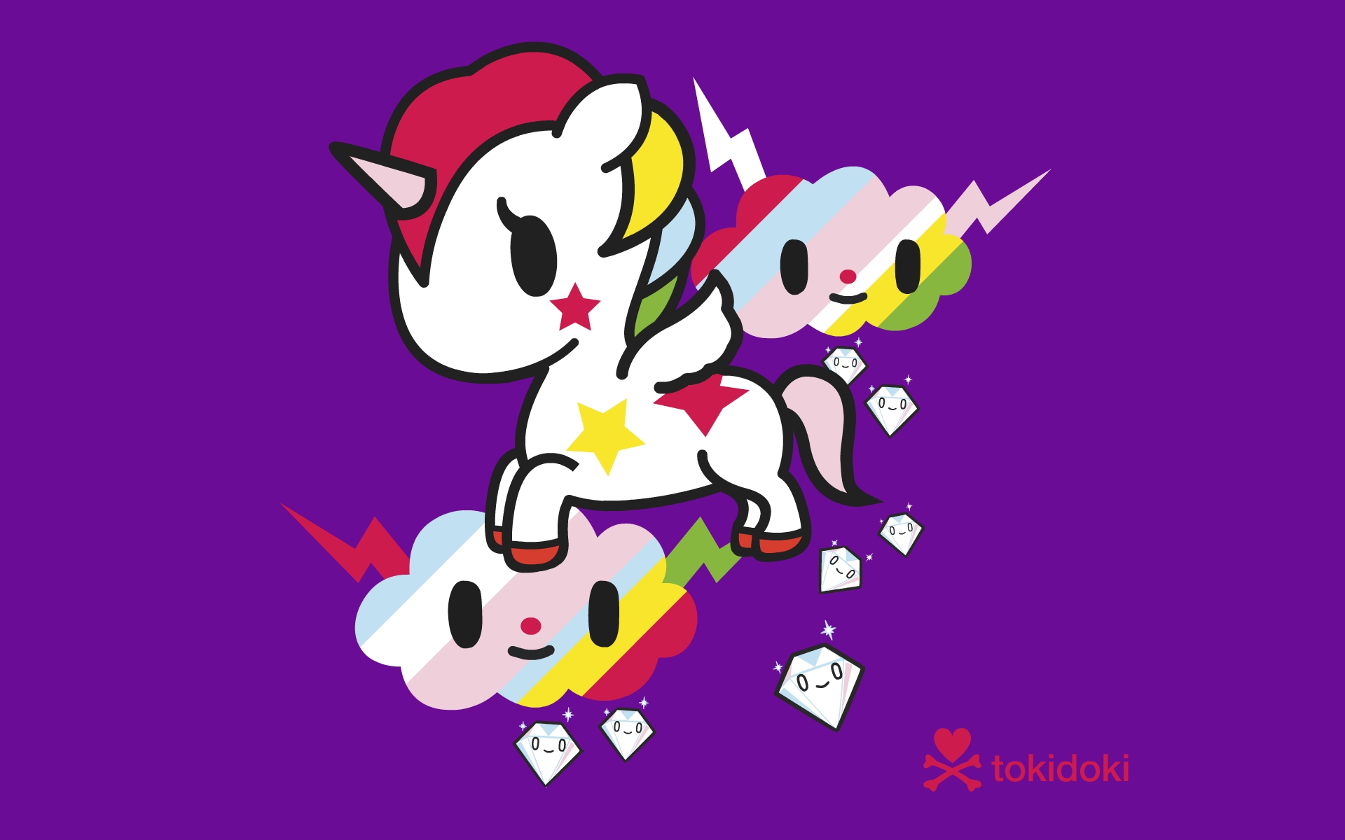 Tokidoki unicorn art riding rainbow clouds with diamonds
