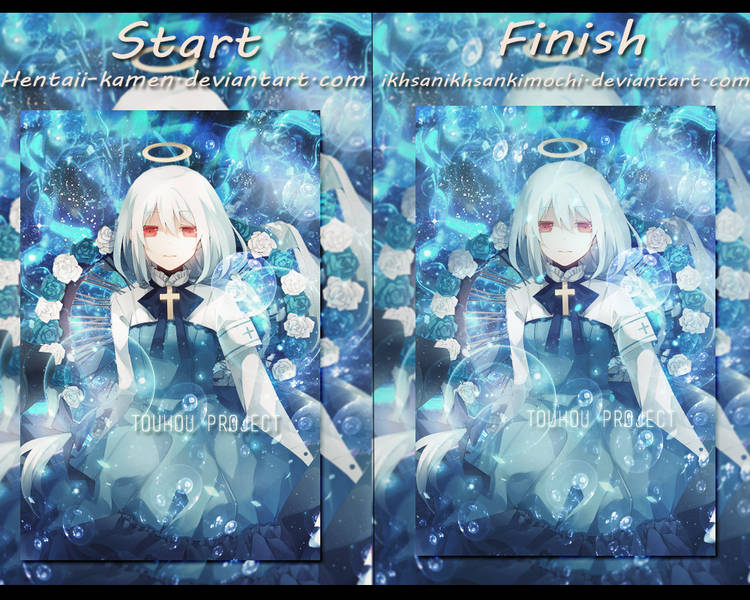 Before-and-after GFX rework of a Touhou angel piece