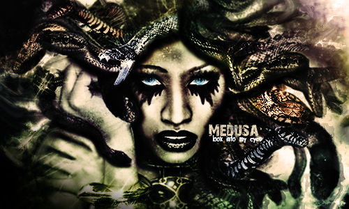Medusa GFX art with piercing eyes, forum signature style