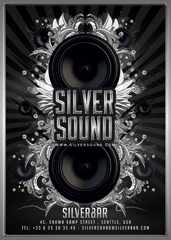 Sleek silver speaker GFX poster for Silver Sound club