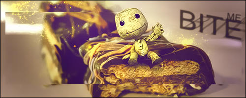 Sackboy signature art with fiery sparks and 'Bite Me' text