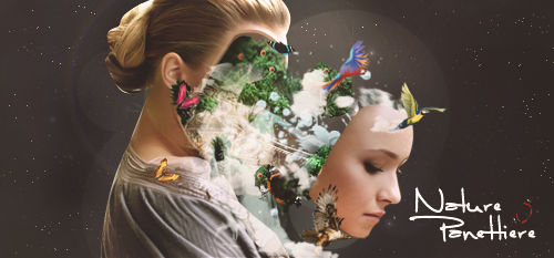 Surreal nature-woman fusion GFX with birds and flowers
