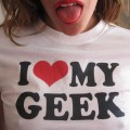 Geeky humor tee with playful tongue-out pose