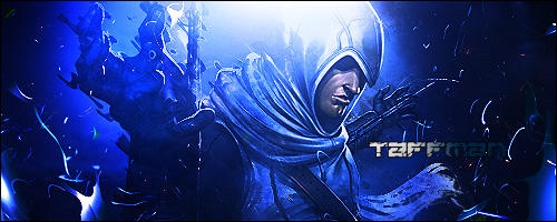 Hooded archer signature glowing in electric blue GFX art