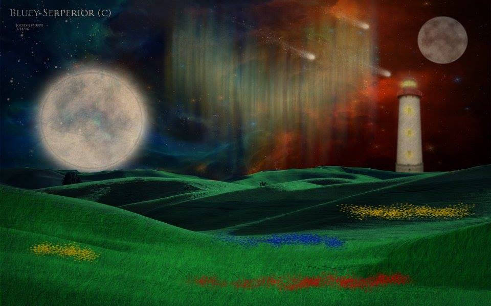 Twin moons over glowing hills and a lighthouse