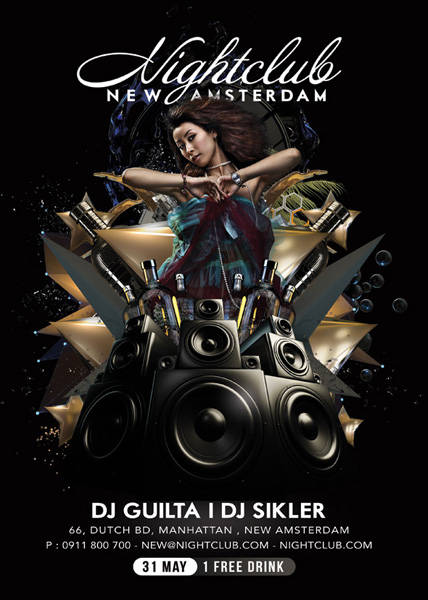 Nightclub flyer GFX with DJ booth and speakers art