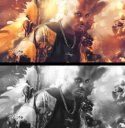 Fiery portrait GFX in color and grayscale versions