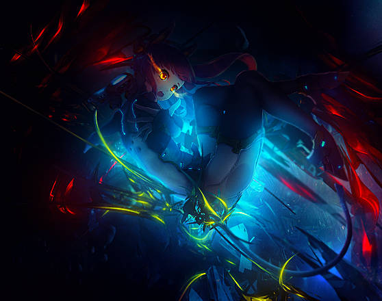 Neon-blue digital girl glowing amid red streaks
