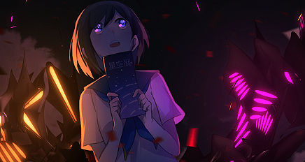 Anime girl glowing amid neon shards, moody night scene
