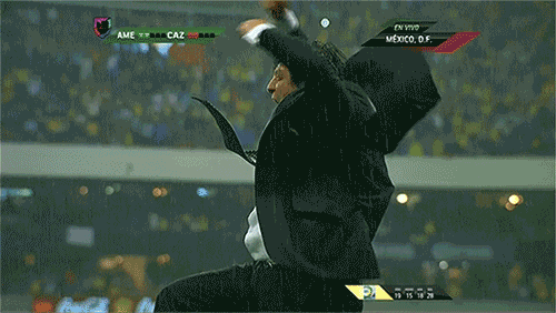 Referee's wild celebration dance mid-match, frozen in chaos