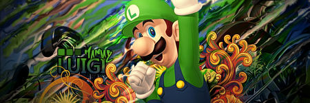 Luigi GFX signature with swirling fire and jungle art