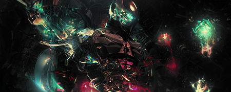Futuristic armored figure glowing in teal and crimson energy