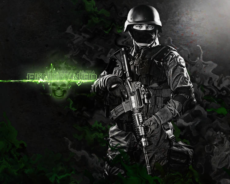 Tactical soldier GFX with glowing FKN0WNED skull emblem