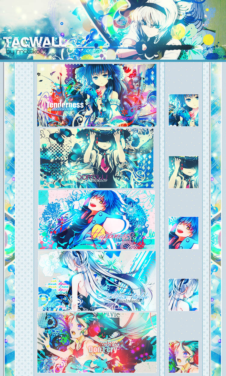 Blue-toned anime GFX tagwall with vibrant character art