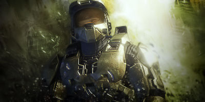 Halo Spartan render with glowing golden armor
