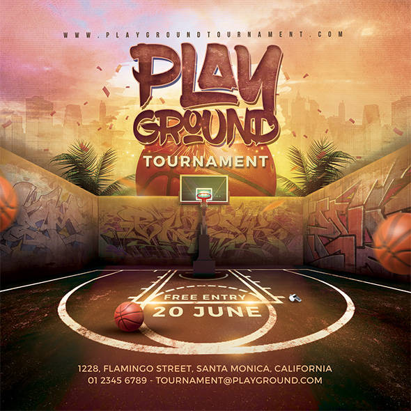 Playground basketball tournament flyer with graffiti court design