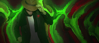Shadowy fedora figure emerging from swirling green smoke