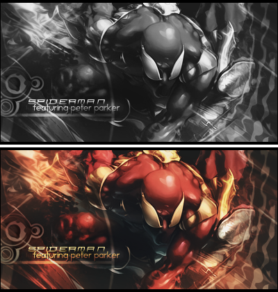 Spiderman GFX signature in black-and-white and fiery red