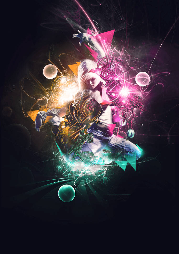 Dynamic dancer GFX art with vibrant light effects and orbs