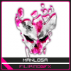 Sleek skull-mask digital art signature with pink splatter effects